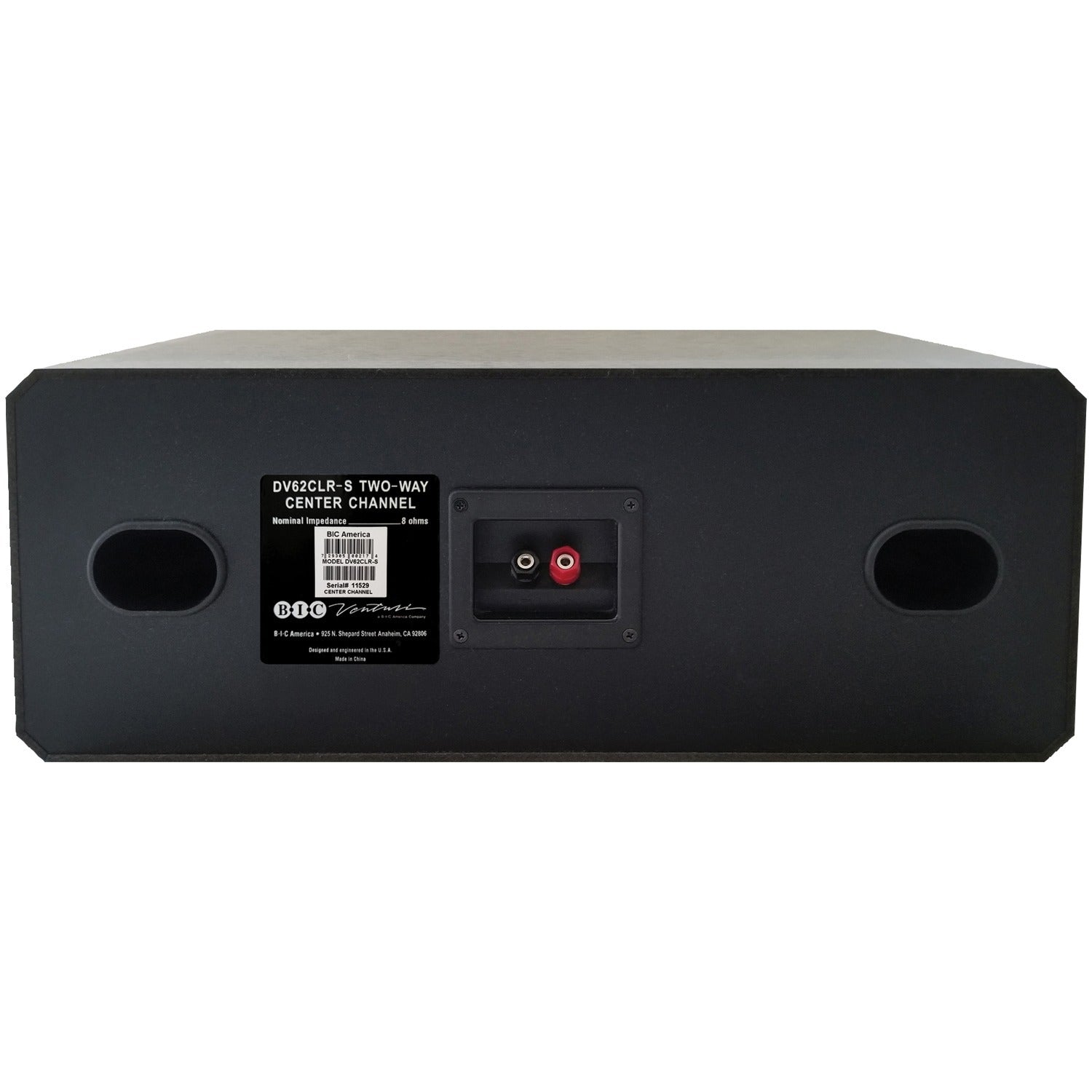 BIC America DV62CLR-S venturi 3-driver indoor 2-way center channel speaker in black, rated at 175 watts, designed for home theater audio