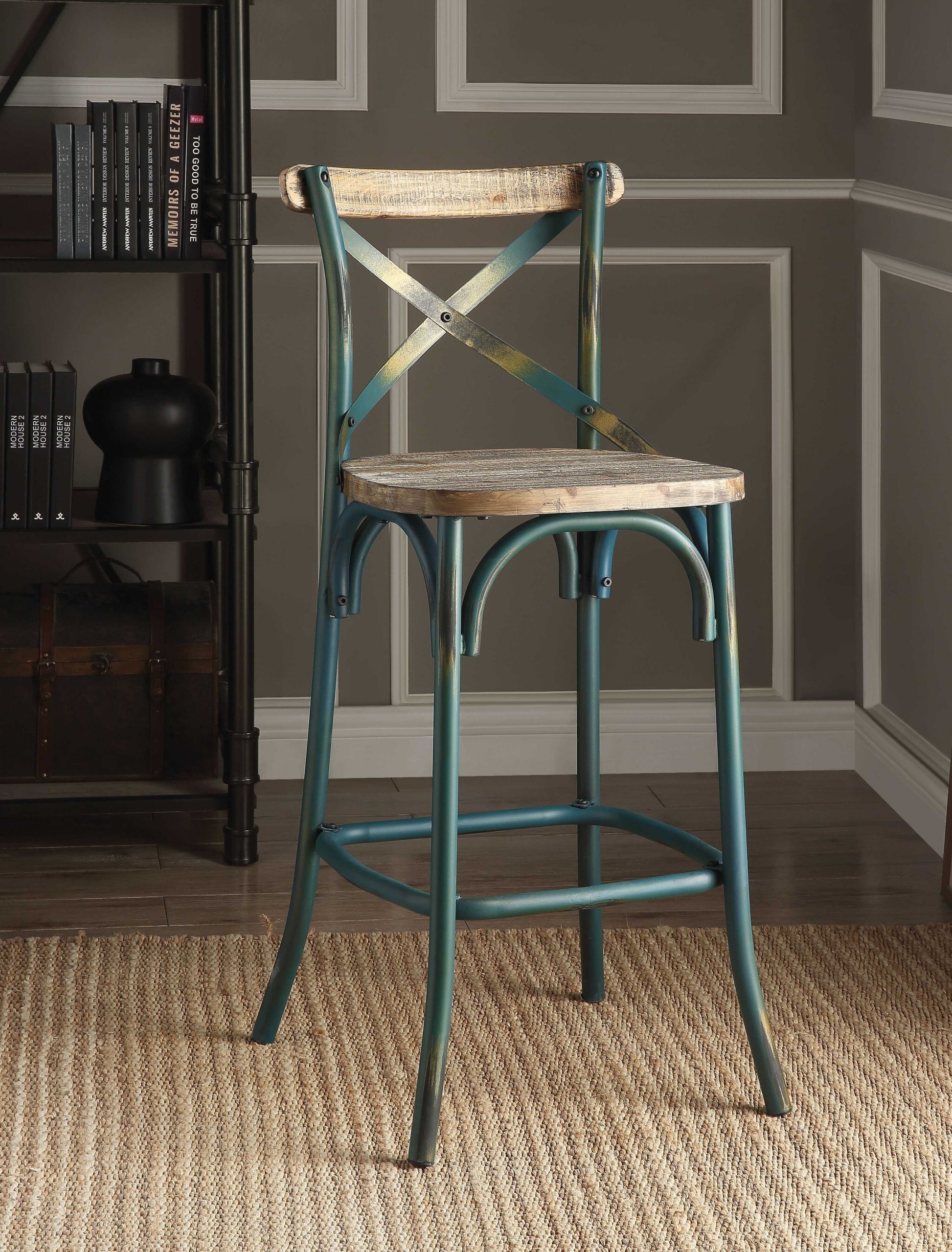 21-inch brown and turquoise solid wood and metal bar chair by American Smart with a modern, stylish design.