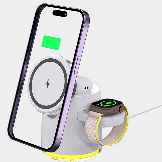 American Smart WB Clingomatic 3-in-1 wireless charging stand with halo light, designed for convenient charging of multiple devices.
