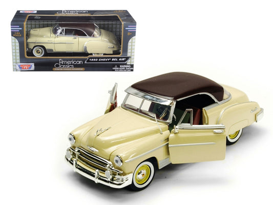 Cream 1950 Chevrolet Bel Air diecast model car by Motormax, 1/24 scale, detailed Chevrolet collectible in American Smart WB packaging