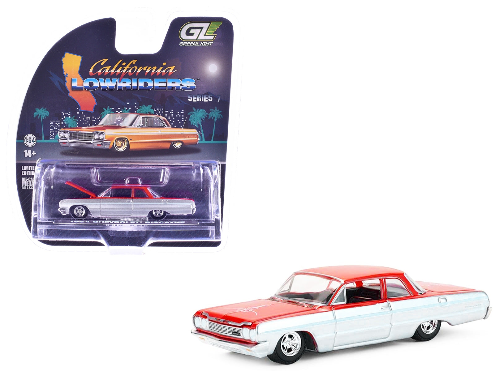 1964 Chevrolet Biscayne diecast model car in silver and red, part of Greenlight's California Lowriders Series 7 by American Smart.