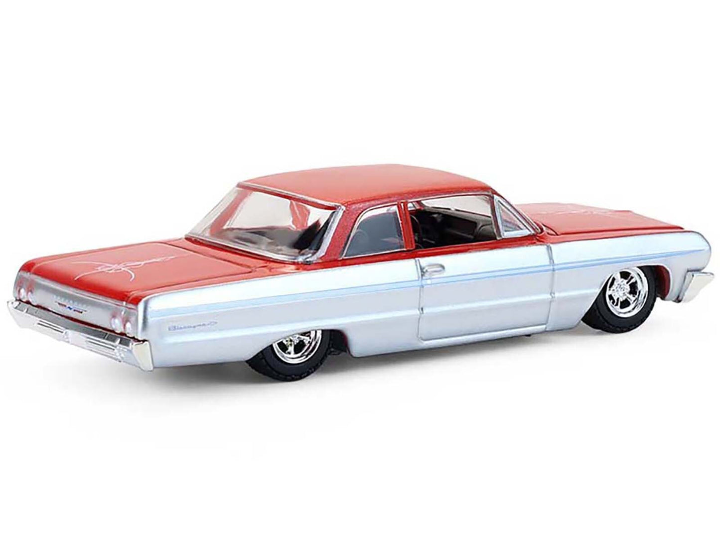 Silver and red 1964 Chevrolet Biscayne diecast model car by Greenlight, part of the California Lowriders Series 7, American Smart brand.
