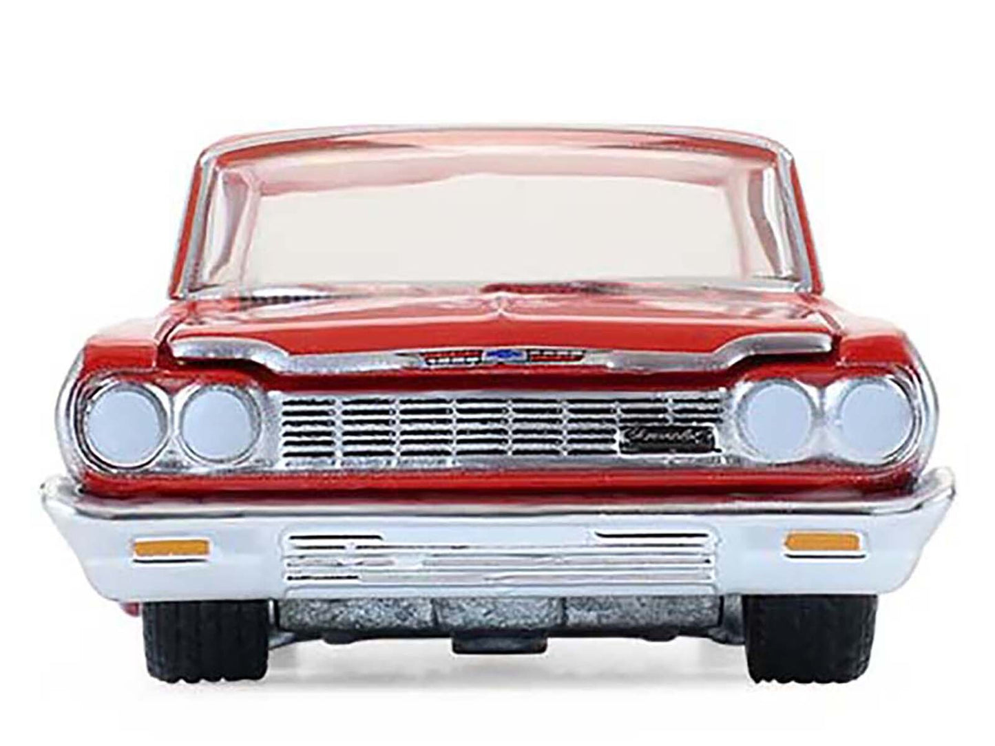 Silver and red 1964 Chevrolet Biscayne lowrider diecast model car by Greenlight, part of the California Lowriders Series 7, 1/64 scale.