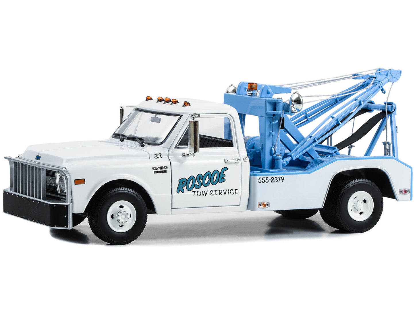 1969 Chevrolet C-30 Dually Wrecker Tow Truck diecast model by Greenlight, white "Roscoe Tow Service" vehicle from Starsky and Hutch TV series