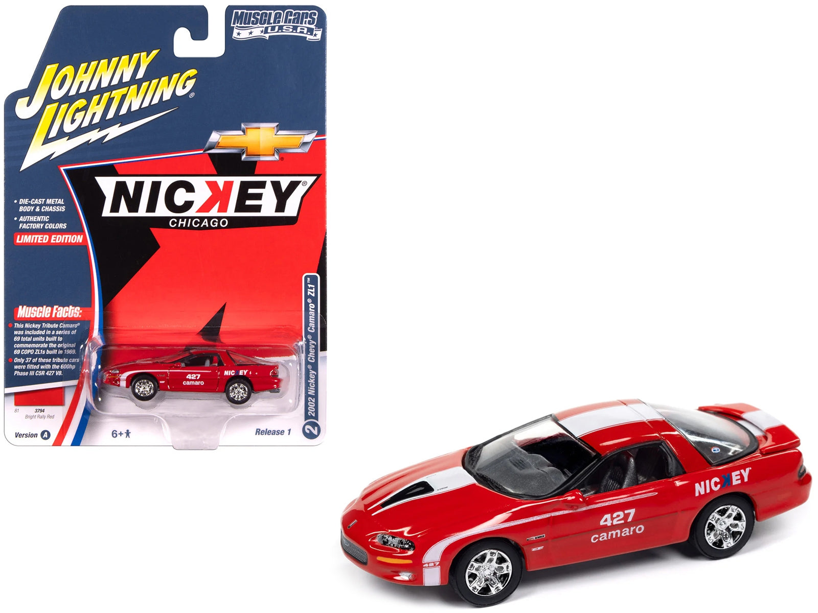 2002 Chevrolet Nickey Camaro ZL1 diecast model car in bright rally red with white stripes, from Johnny Lightning Muscle Cars USA series