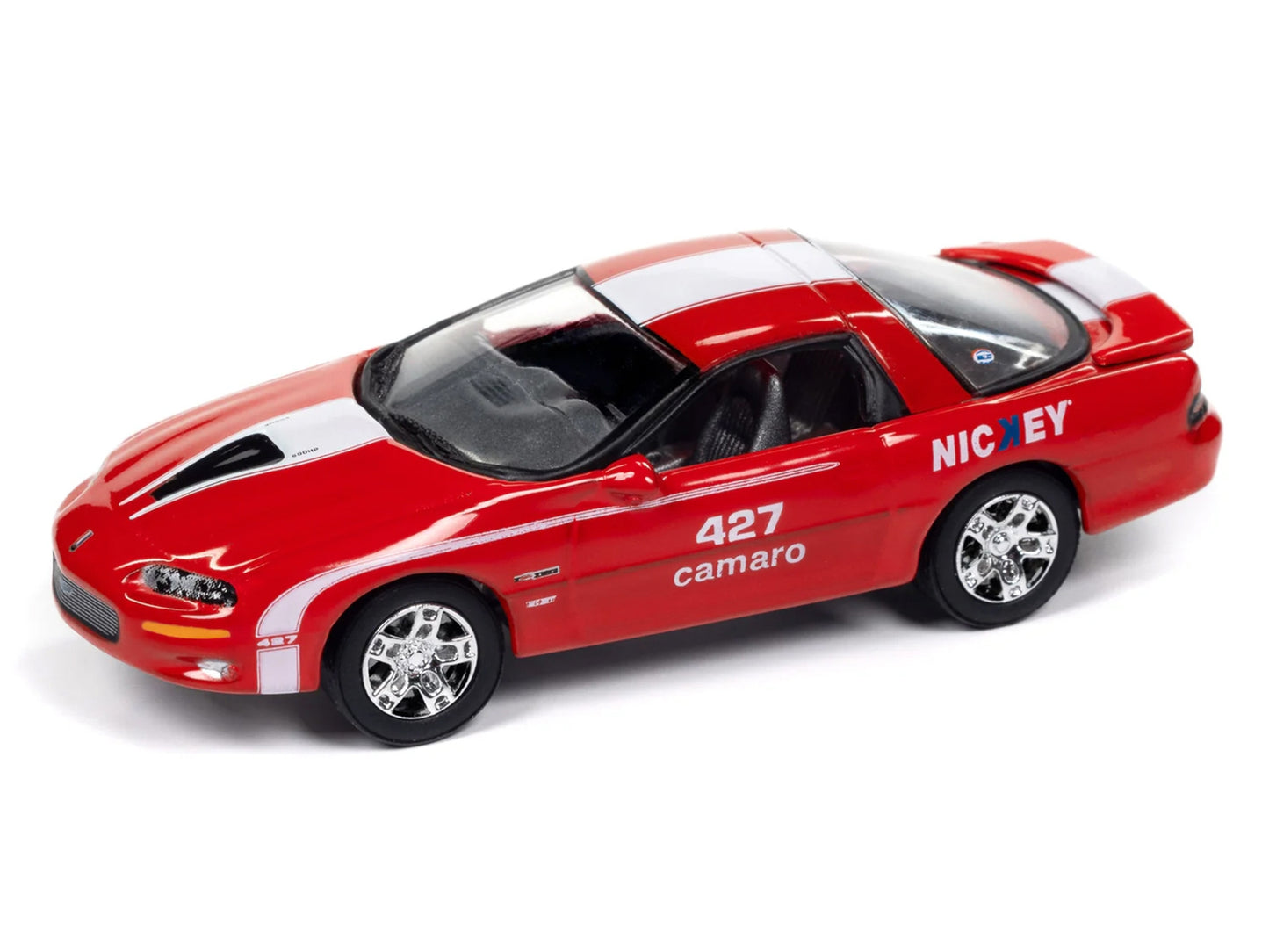 2002 Chevrolet Nickey Camaro ZL1 diecast model car in bright rally red with white stripes, part of Johnny Lightning Muscle Cars USA series.