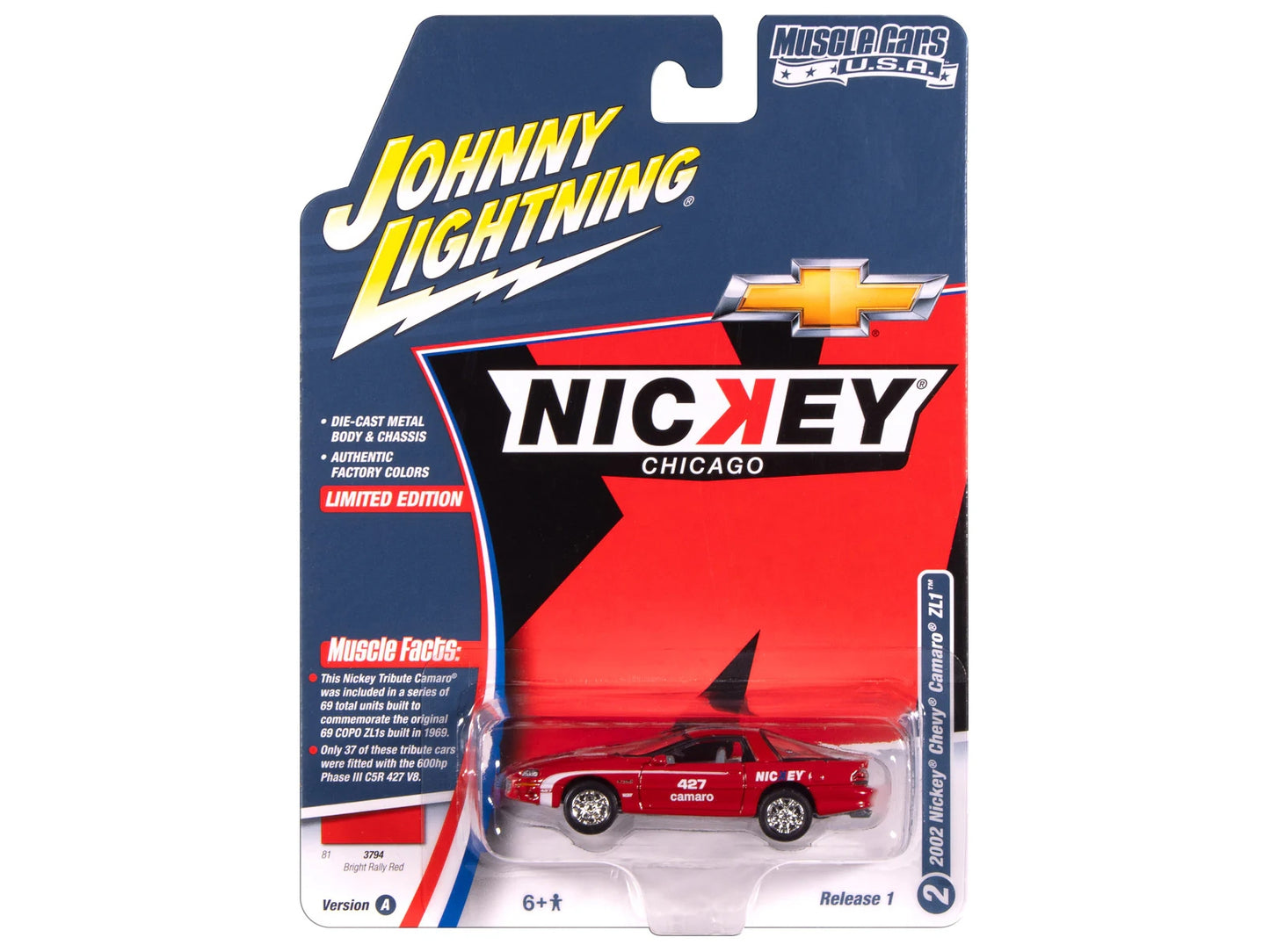2002 Chevrolet Nickey Camaro ZL1 diecast model car in bright rally red with white stripes, from Johnny Lightning Muscle Cars USA series.