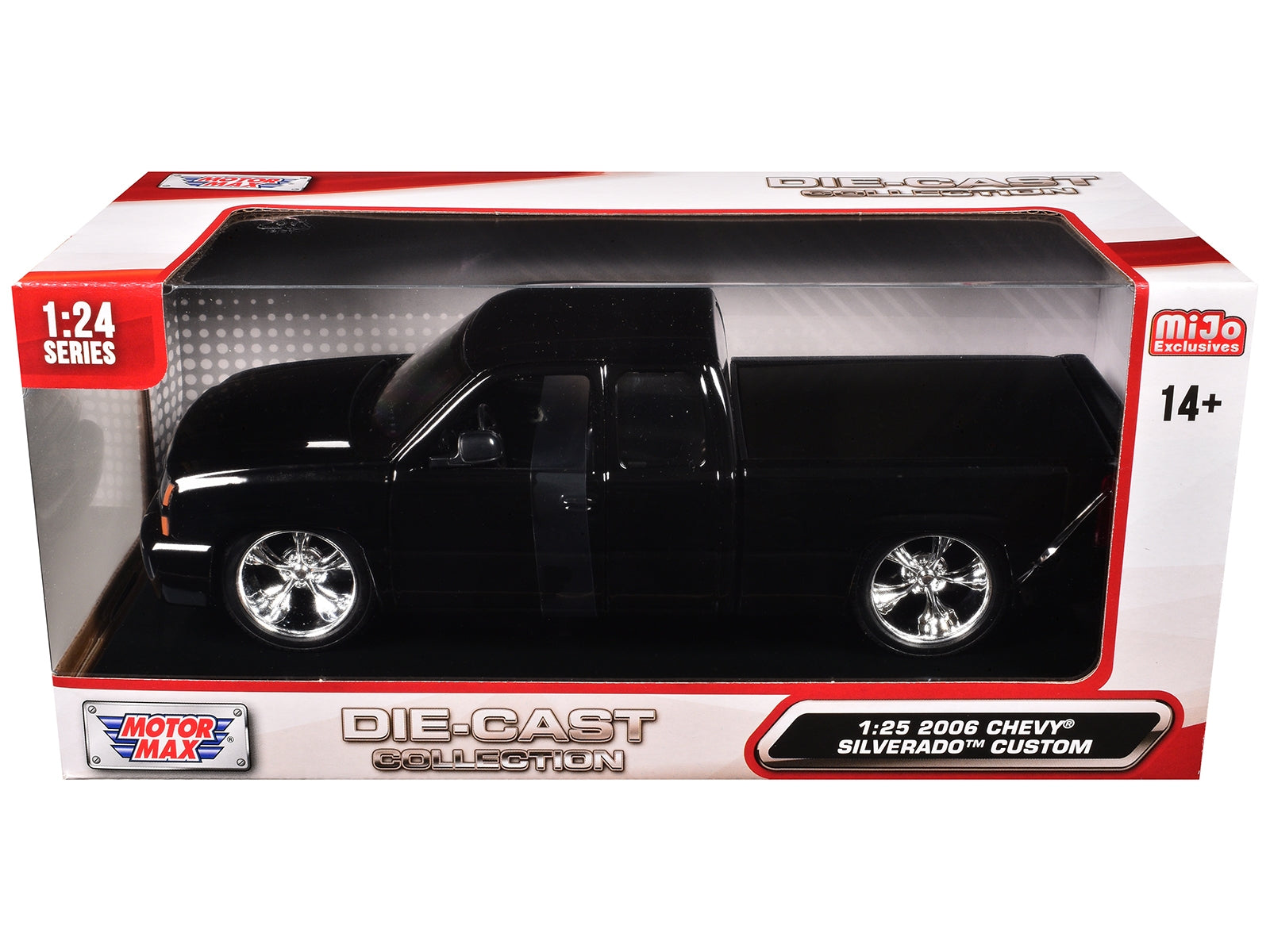 Black 2006 Chevrolet Silverado die-cast pickup truck model from Motormax's Custom Pickup Series, 1/25 scale, by American Smart.