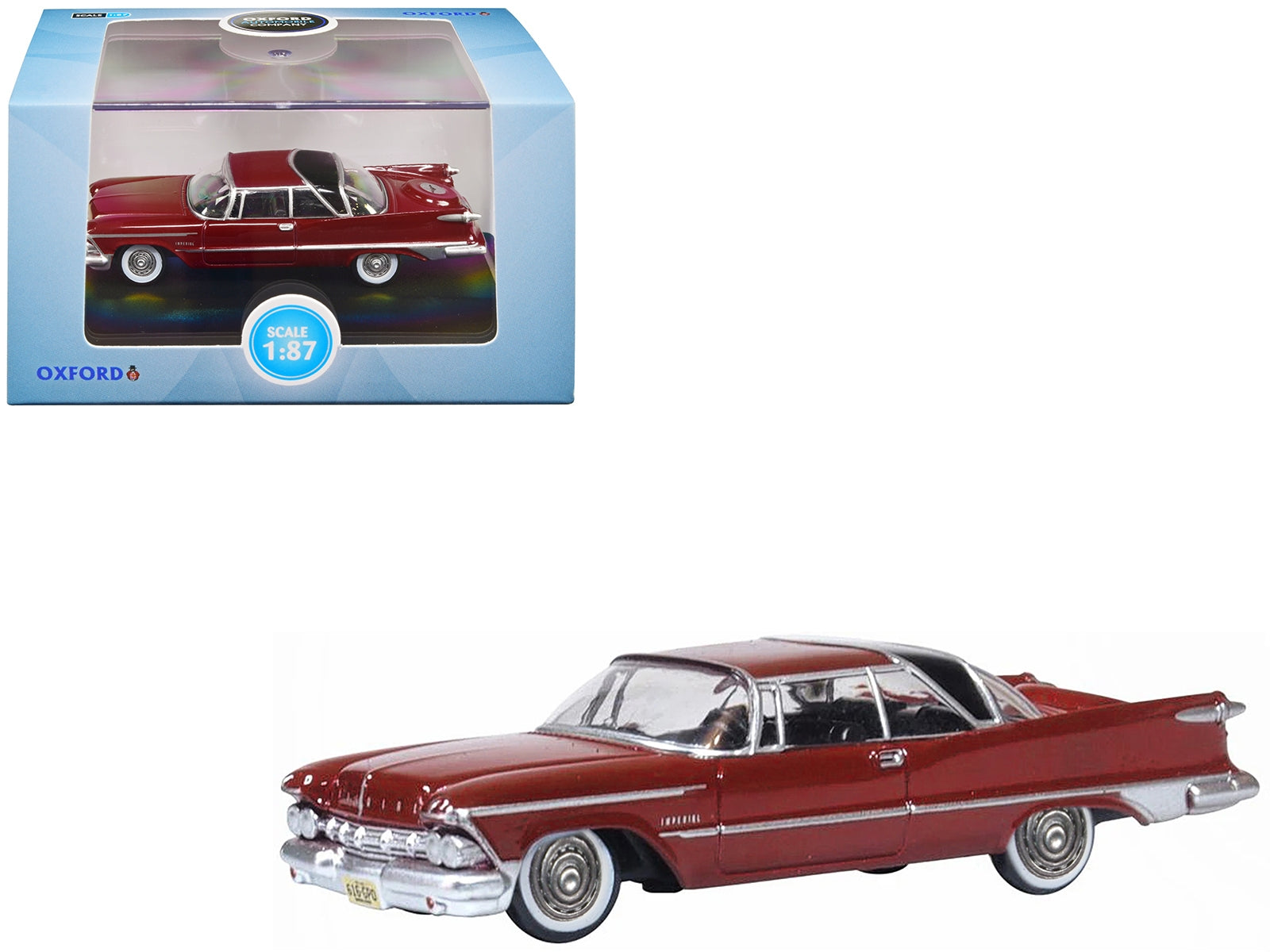 Radiant red 1959 Chrysler Imperial Crown 2-door hardtop diecast model car with black roof, scale 1/87 by Oxford Diecast.