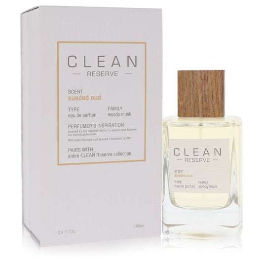 Clean Sueded Oud by Clean Eau De Parfum Spray, 3.4 oz, for women, featuring a soft suede and oud fragrance.