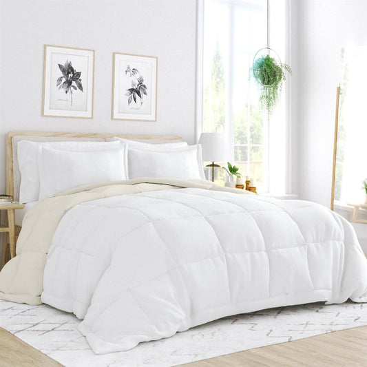 Full/Queen size American Smart microfiber reversible comforter set in white and cream, featuring soft, cozy bedding with a stylish design.