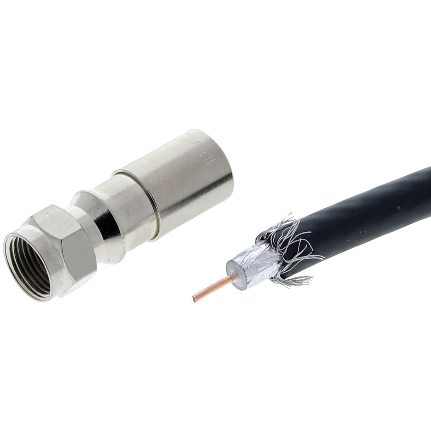 Set of 50 IDEAL 92-650 RG6 F-Compression Connectors by American Smart for cable TV and satellite connections, shown in close-up.