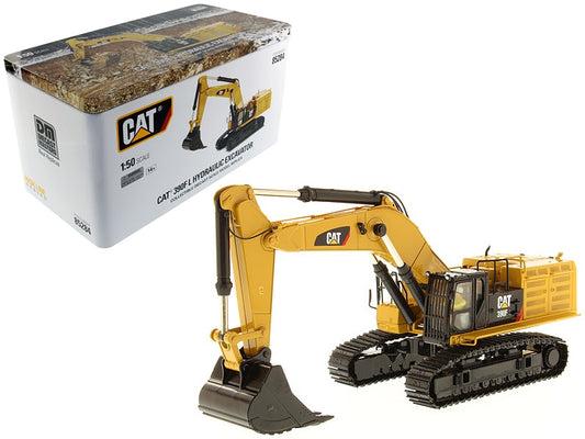 Diecast model of Caterpillar 390F LME hydraulic tracked excavator by Diecast Masters, detailed construction model with operator figure.