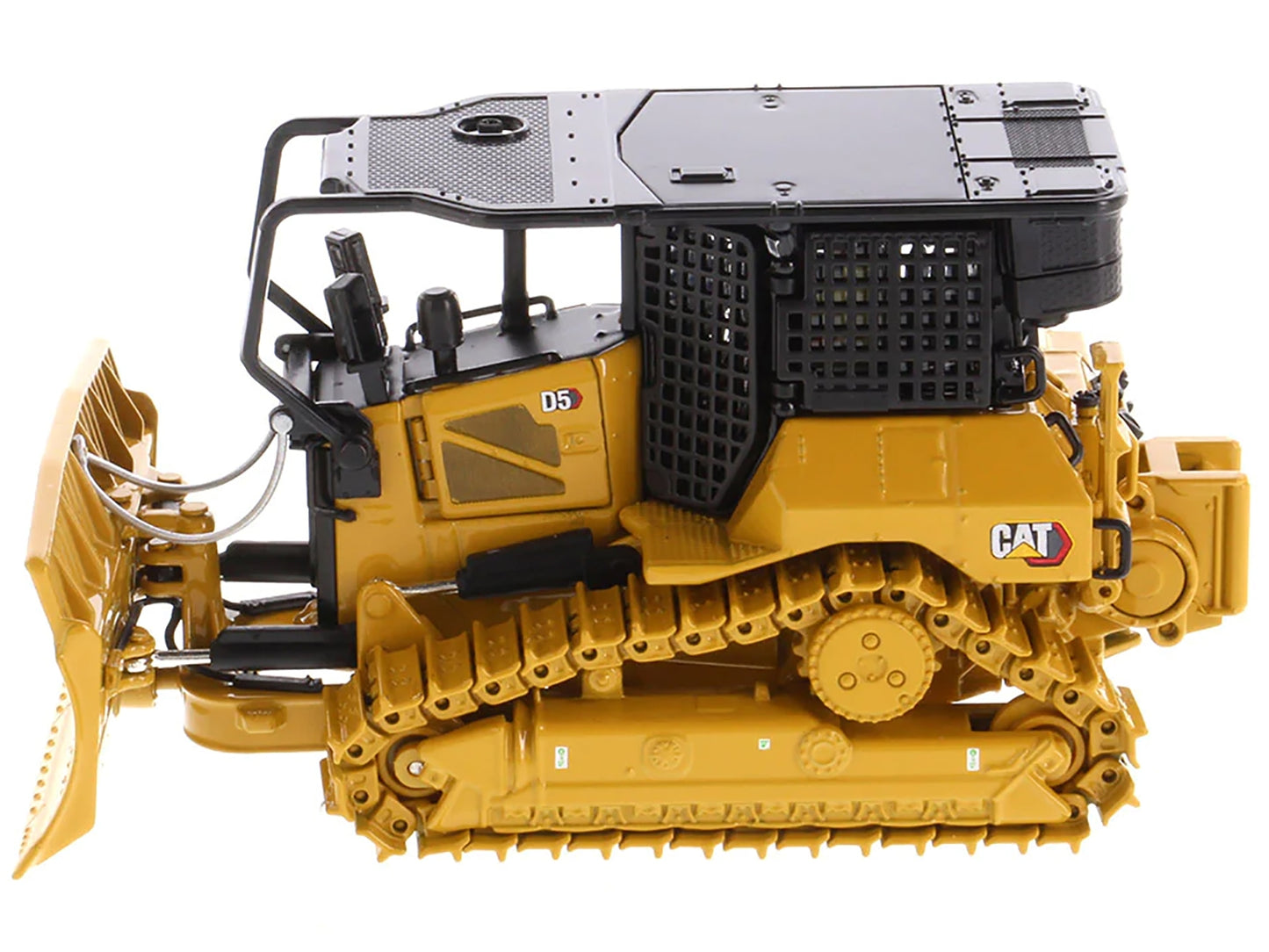 Yellow Caterpillar D5 XR fire suppression dozer model in 1/50 scale by Diecast Masters, detailed construction model with "High Line" series branding