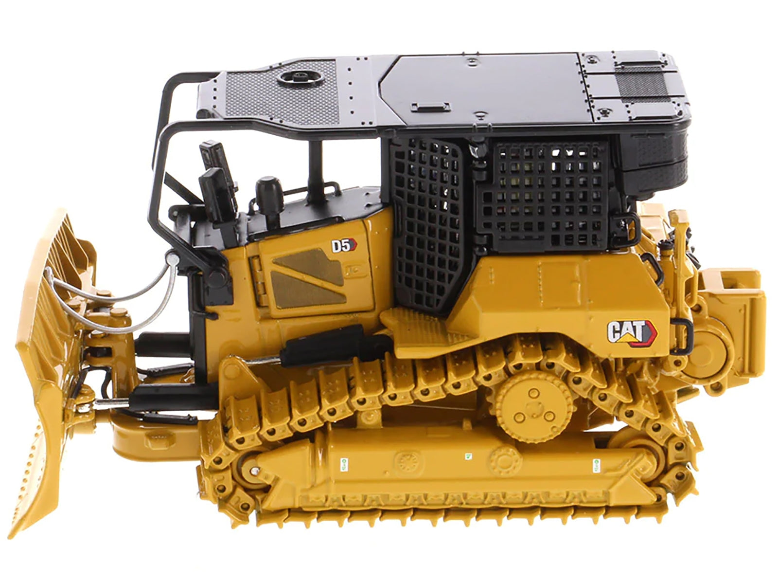 Yellow Caterpillar D5 XR fire suppression dozer model in 1/50 scale by Diecast Masters, detailed construction model with "High Line" series branding
