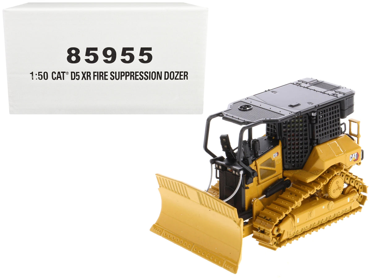 Yellow Caterpillar D5 XR fire suppression dozer diecast model by Diecast Masters, detailed construction scale model.