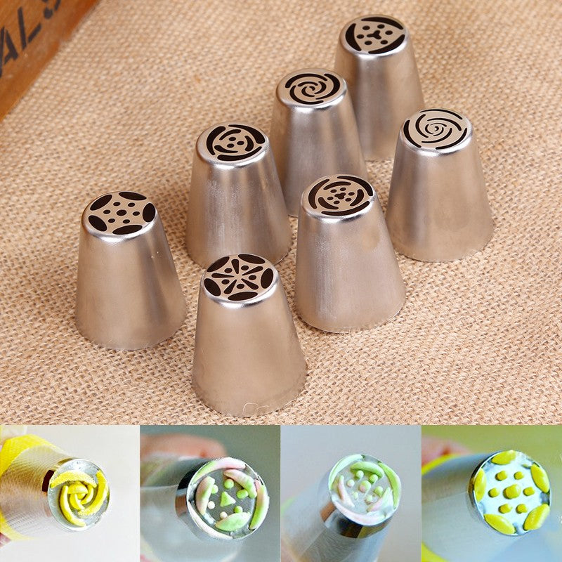 Set of 7 cream stainless steel Russian icing piping nozzles for pastry decorating and cupcake tips, by American Smart WB.