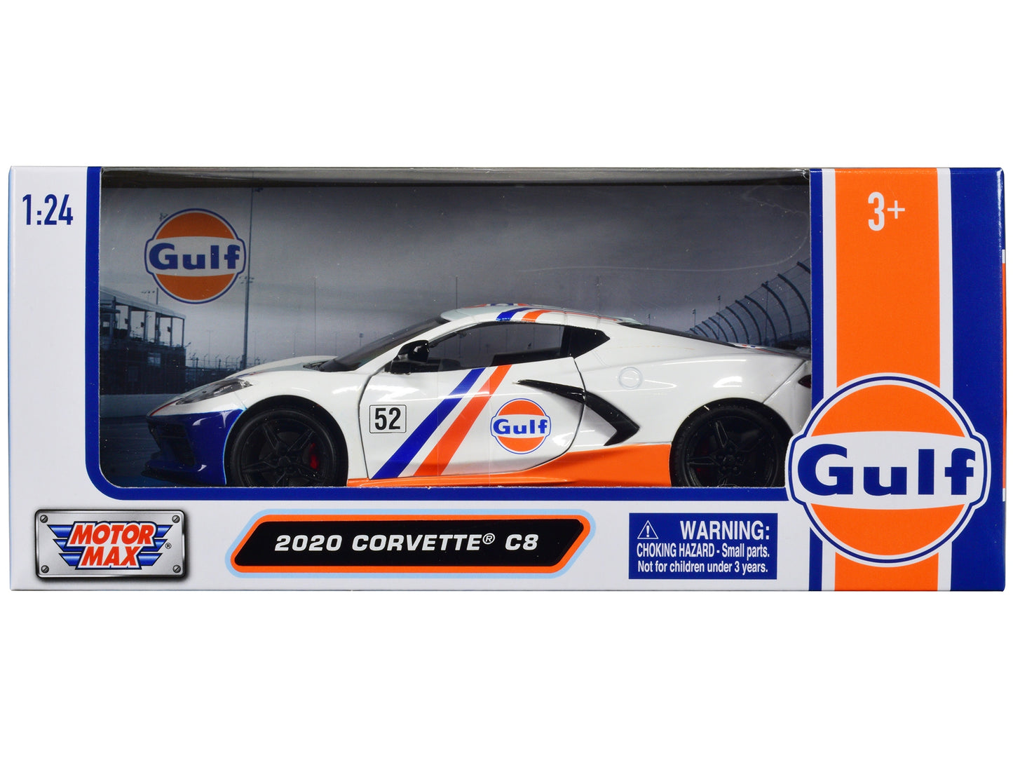 White and light blue 1/24 die-cast Chevrolet Corvette C8 model car with Gulf Oil stripes by Motormax, part of the Gulf Die-Cast Collection.