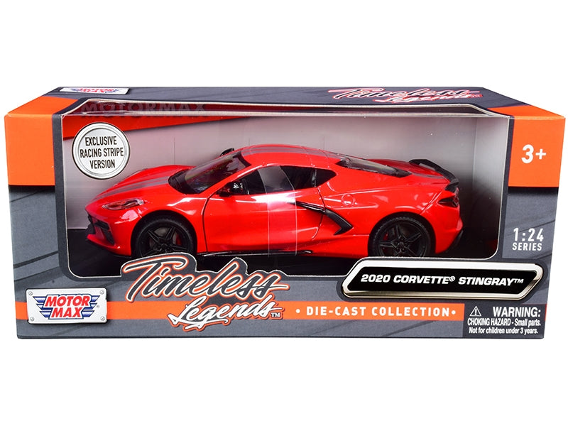 Red 2020 Chevrolet Corvette C8 Stingray diecast model car with silver racing stripes by American Smart, detailed 1/24 scale collectible.