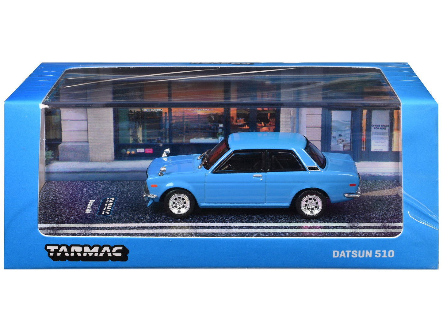 Light blue Datsun 510 diecast model car from Tarmac Works Road64 Series, detailed American Smart WB diecast vehicle.