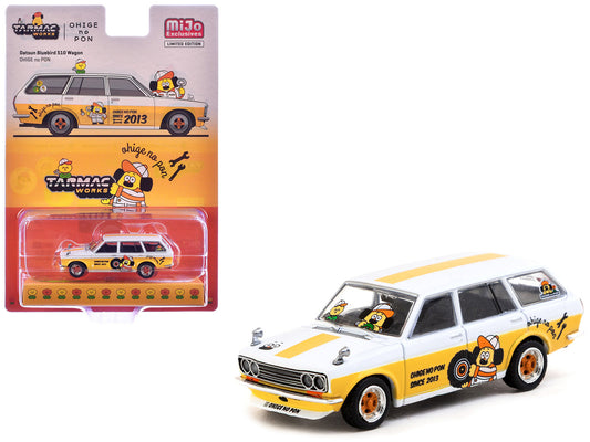 Datsun Bluebird 510 Wagon "Ohige no Pon" White with Orange Stripes and Graphics "Global64" Series 1/64 Diecast Model Car by Tarmac Works - American Smart