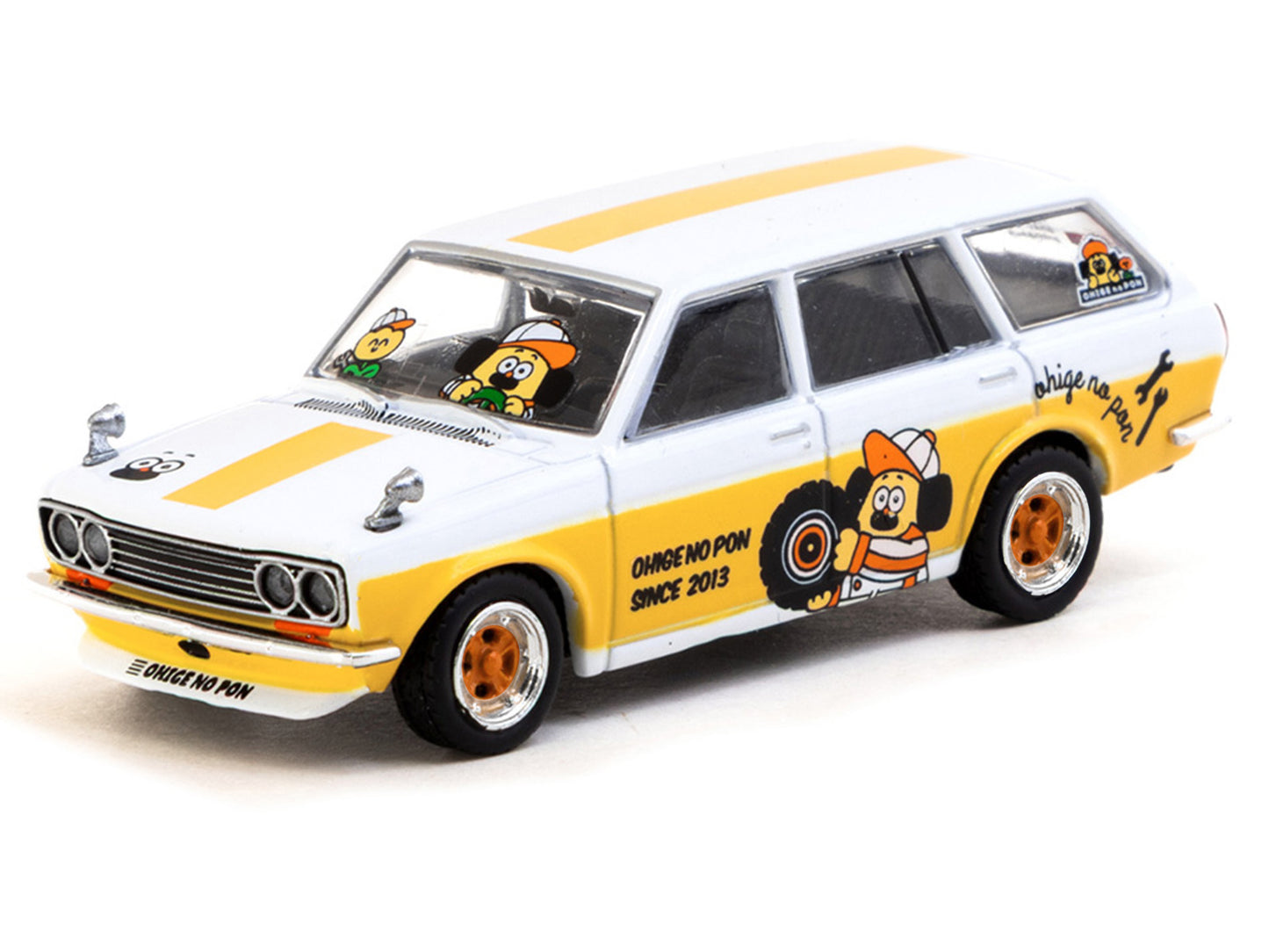 Datsun Bluebird 510 Wagon "Ohige no Pon" White with Orange Stripes and Graphics "Global64" Series 1/64 Diecast Model Car by Tarmac Works - American Smart