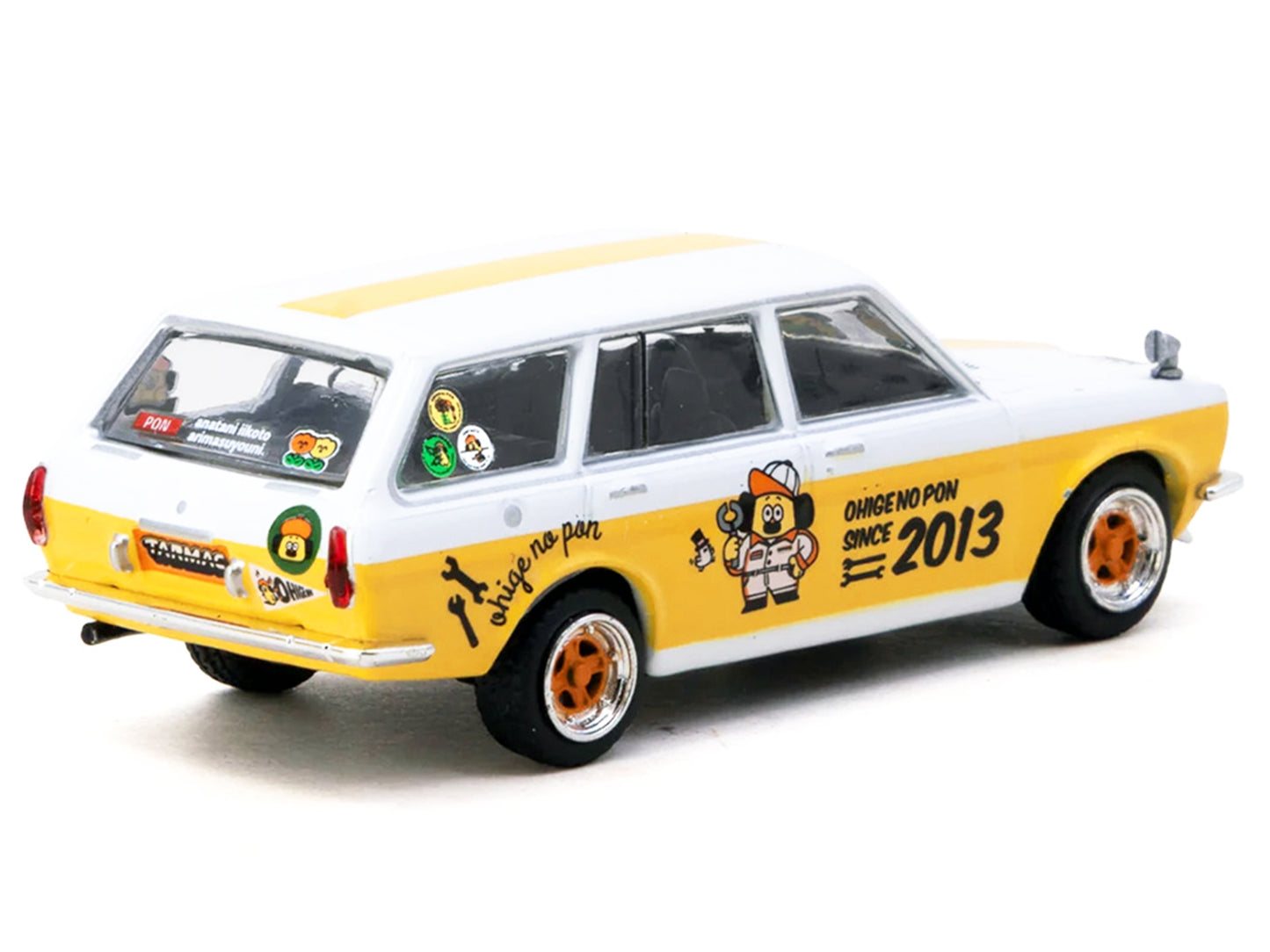 Datsun Bluebird 510 Wagon "Ohige no Pon" White with Orange Stripes and Graphics "Global64" Series 1/64 Diecast Model Car by Tarmac Works - American Smart