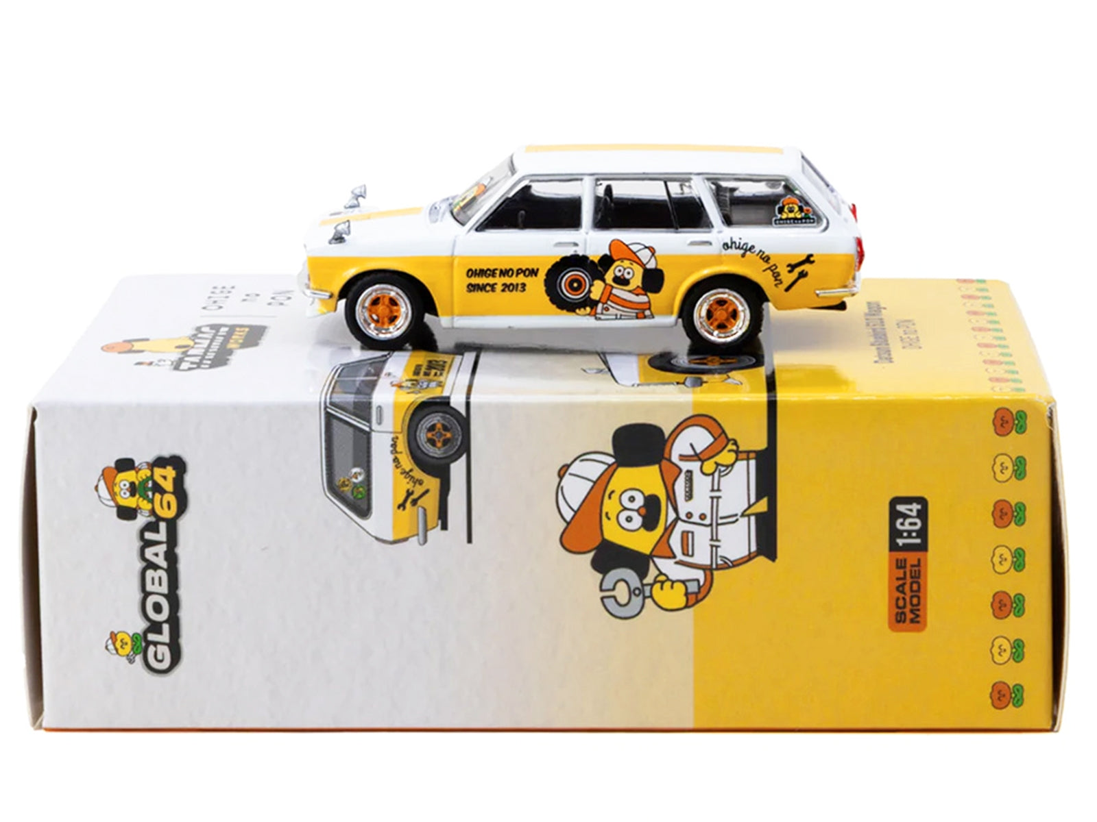 Datsun Bluebird 510 Wagon "Ohige no Pon" White with Orange Stripes and Graphics "Global64" Series 1/64 Diecast Model Car by Tarmac Works - American Smart