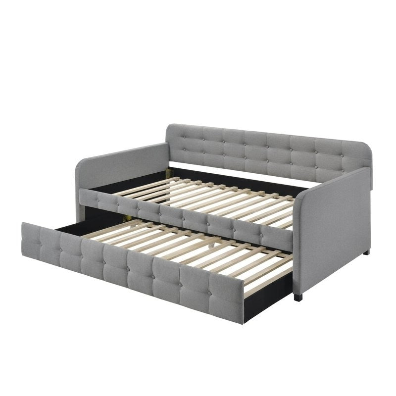 Gray tufted polyester linen twin daybed with trundle, featuring a sleek design and comfortable upholstery by American Smart WB.