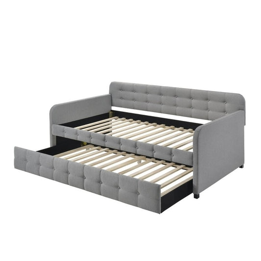 Gray tufted polyester linen twin daybed with trundle, featuring a sleek design and comfortable upholstery by American Smart WB.