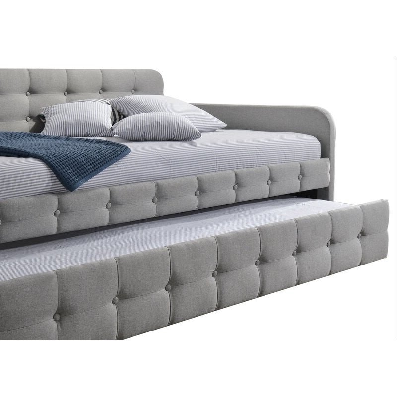 Gray tufted polyester linen twin daybed with trundle, American Smart WB, featuring a modern design and plush upholstery.