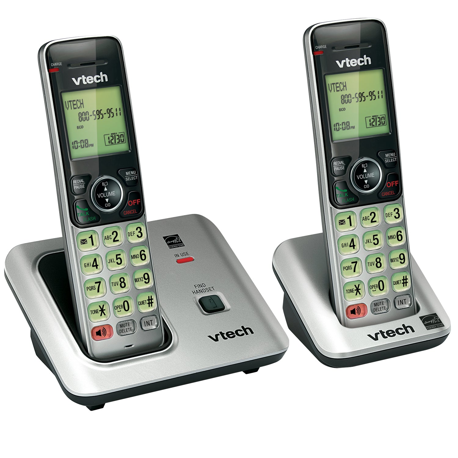 Vtech American Smart WB DECT 6.0 cordless phone with two handsets and caller ID display on the digital handset