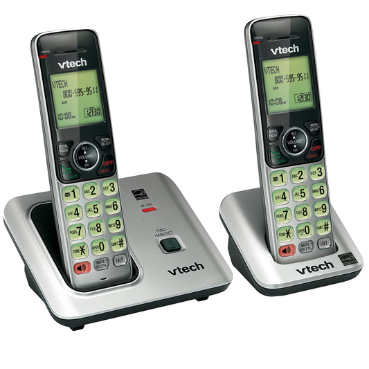 Vtech American Smart WB DECT 6.0 cordless phone with two handsets and caller ID display on the digital handset