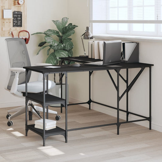 Black engineered wood desk by American Smart, 54.7 x 54.7 x 29.5 inches, featuring a spacious work surface and modern design.