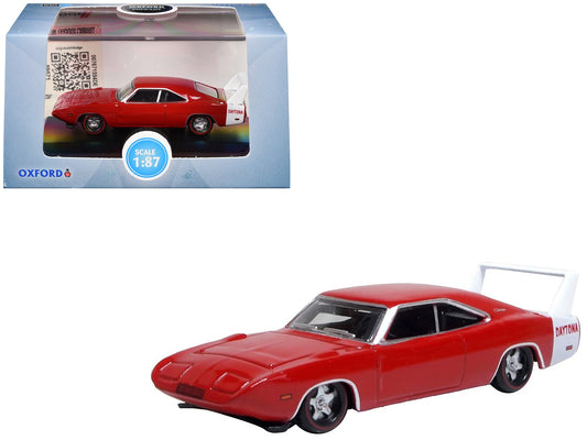 Red 1969 Dodge Charger Daytona diecast model car with white stripe, 1/87 scale, by Oxford Diecast, detailed American Smart - WB brand.