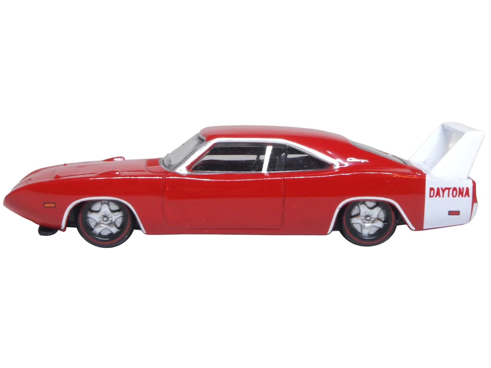 Red 1969 Dodge Charger Daytona diecast model car with white stripe, 1/87 scale, by Oxford Diecast, American Smart WB.