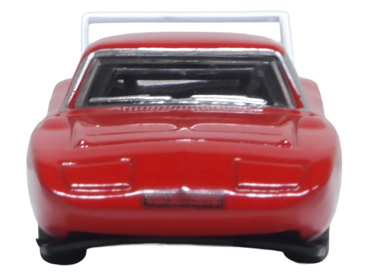 Red 1969 Dodge Charger Daytona diecast model car with white stripe, 1/87 scale, by Oxford Diecast, American Smart WB.