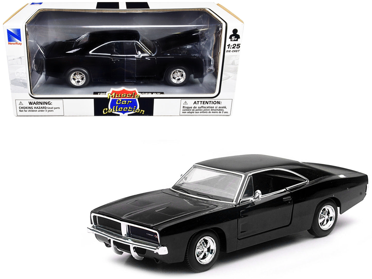 Black 1969 Dodge Charger R/T diecast model car from the Muscle Car Collection by New Ray, detailed 1/25 scale American Smart brand.