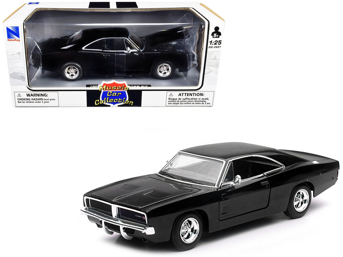 Black 1969 Dodge Charger R/T diecast model car from the Muscle Car Collection by New Ray, detailed 1/25 scale American Smart brand.