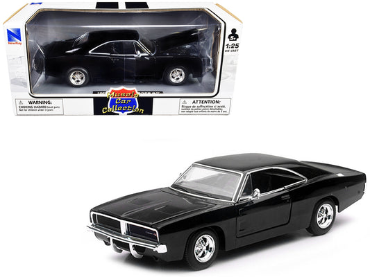 Black 1969 Dodge Charger R/T diecast model car from the Muscle Car Collection by New Ray, detailed 1/25 scale American Smart brand.