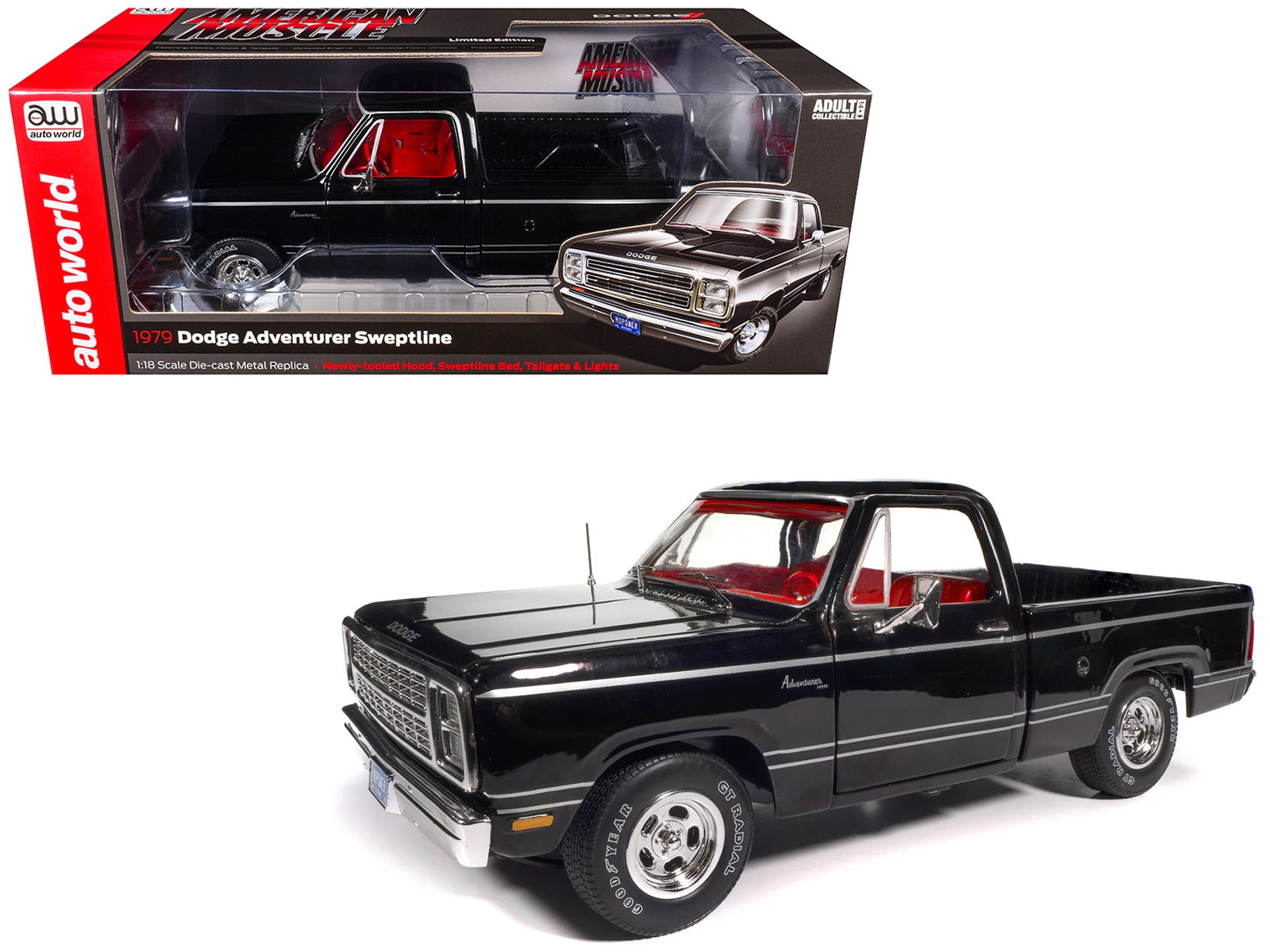 Black 1979 Dodge Adventurer Sweptline pickup truck diecast model by Auto World, featuring red interior, American Muscle series.