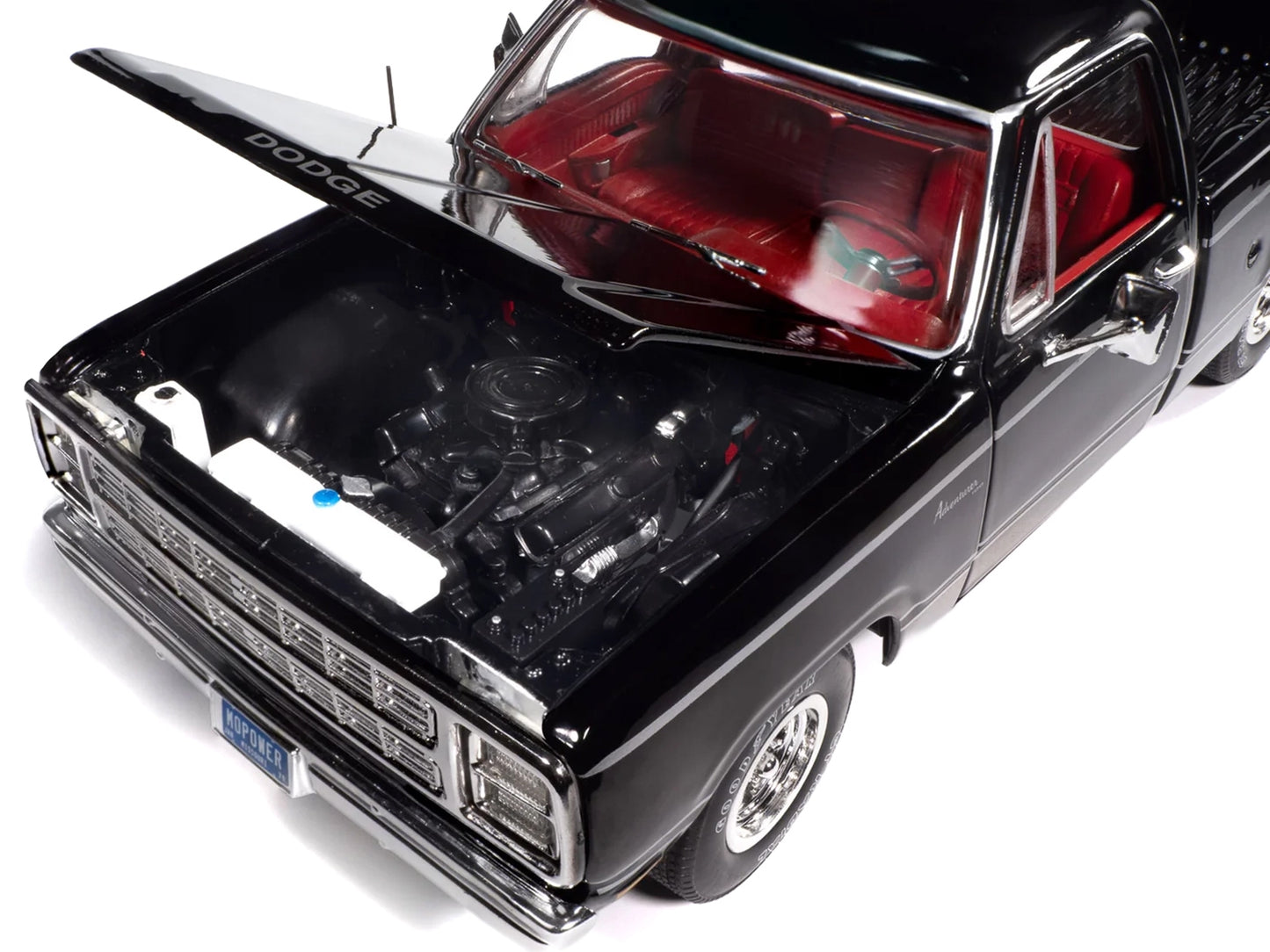 1979 Dodge Adventurer Sweptline pickup truck diecast model in black with red interior, American Muscle Series by Auto World, 1/18 scale