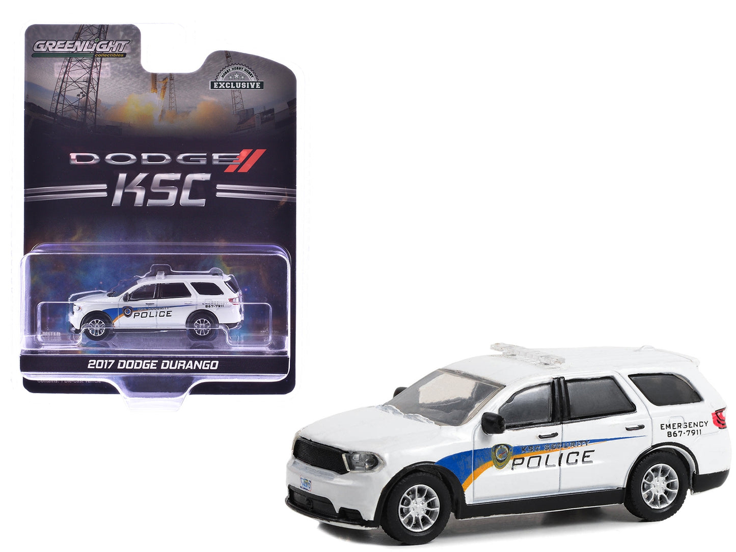 White 1/64 diecast Dodge Durango model by Greenlight, featuring Kennedy Space Center security police graphics, Hobby Exclusive series.