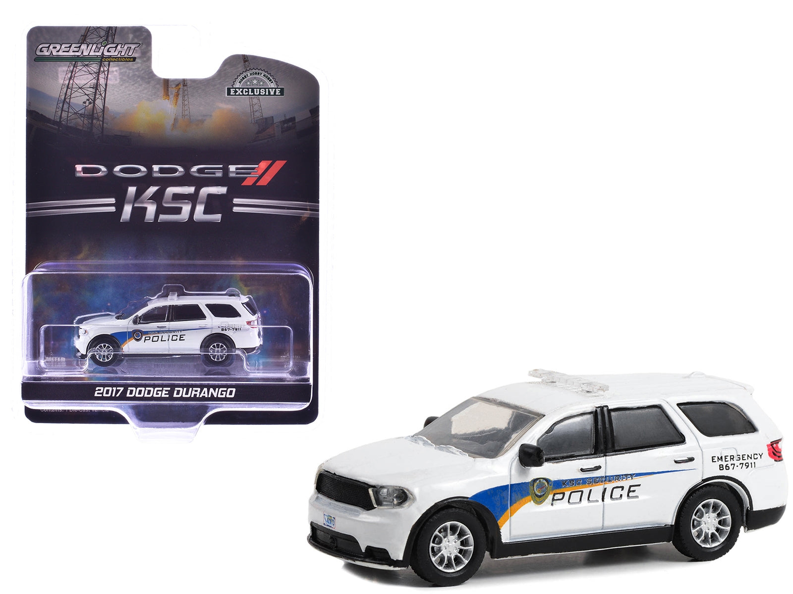 White 1/64 diecast Dodge Durango model by Greenlight, featuring Kennedy Space Center security police graphics, Hobby Exclusive series.