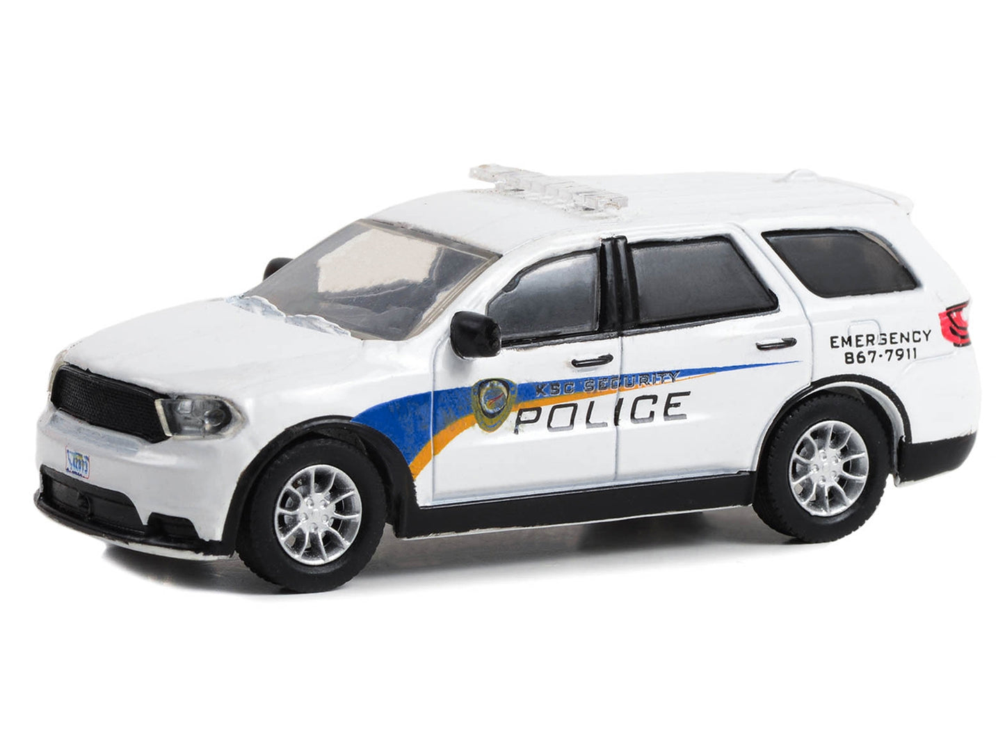 White 2017 Dodge Durango diecast model car with KSC Security Police graphics, part of Greenlight's Hobby Exclusive Series, 1/64 scale.