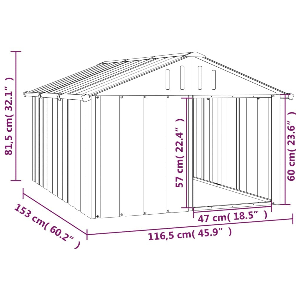 Gray galvanized steel dog house measuring 45.9x60.2x32.1 inches, designed for durable and spacious pet shelter.