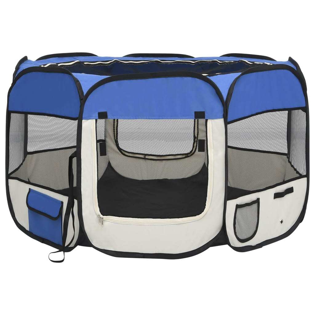 Blue foldable dog playpen with carrying bag, 43.3x43.3x22.8 inches, American Smart WB dog supplies for indoor and outdoor use.