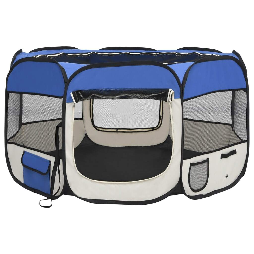 Blue foldable dog playpen with carrying bag, measuring 43.3x43.3x22.8 inches, by American Smart - WB, suitable for pet containment.