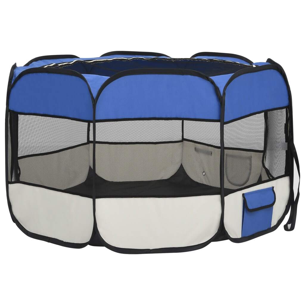 Blue foldable dog playpen with carrying bag, 43.3x43.3x22.8 inches, American Smart brand, suitable for pet containment.