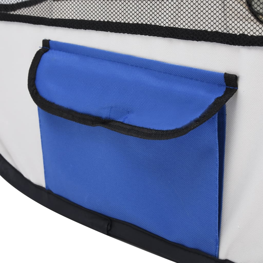 Blue foldable dog playpen by American Smart with carrying bag, 43.3x43.3x22.8 inches, designed for pet safety and convenience.